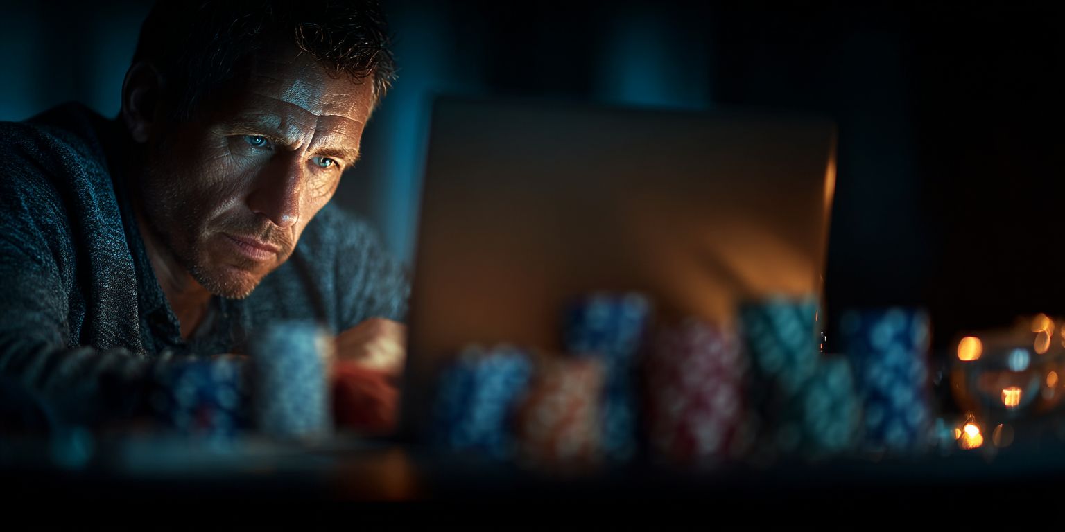 Focused man playing online poker at night on Winkhela Casino website
