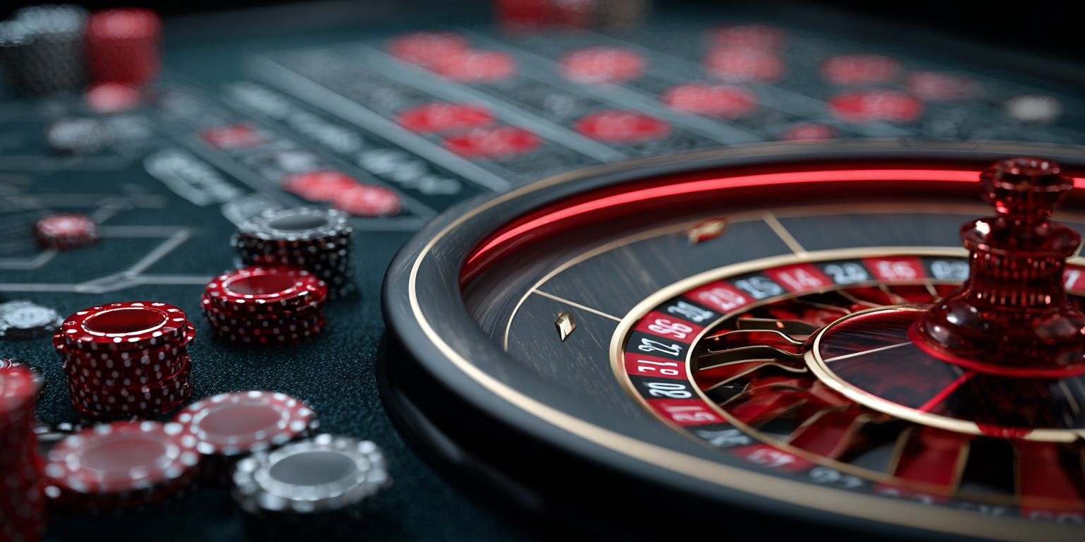 Close-up of a roulette wheel and colorful chips on the Winkhela Casino table
