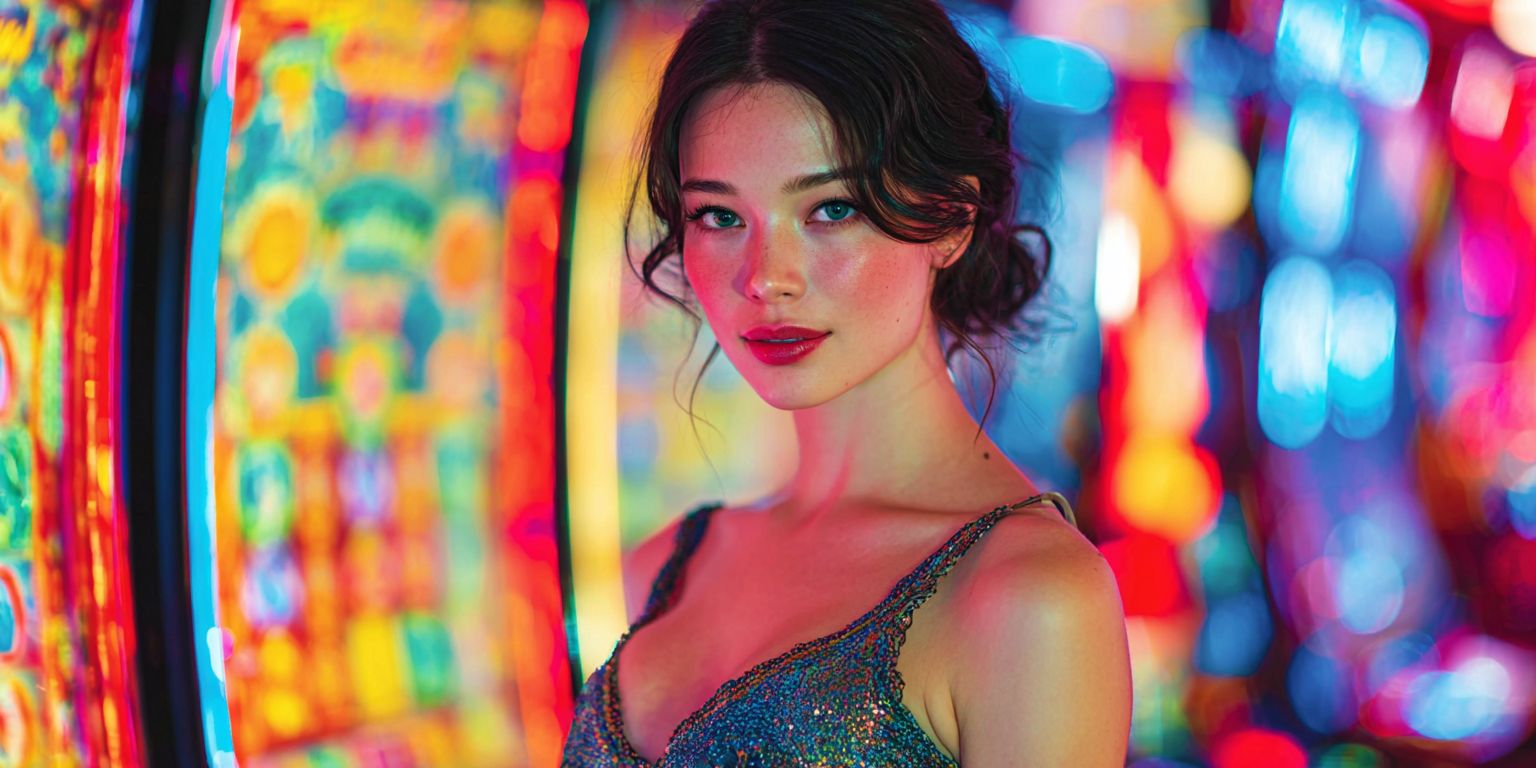 Glamorous woman in a sparkling dress standing next to colorful slot machines at Winkhela Casino
