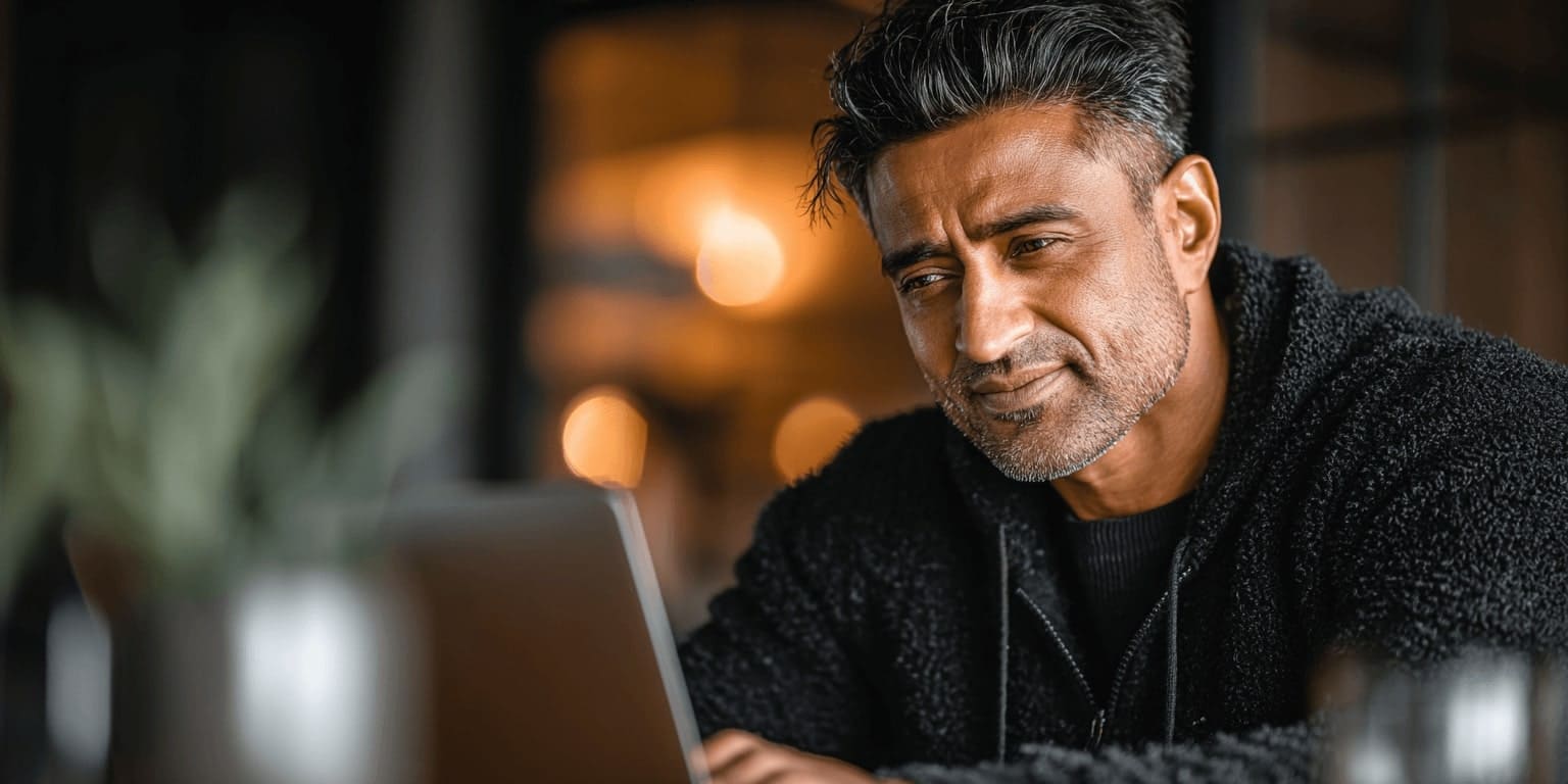 Confident man exploring online games on his laptop at Winkhela Casino platform