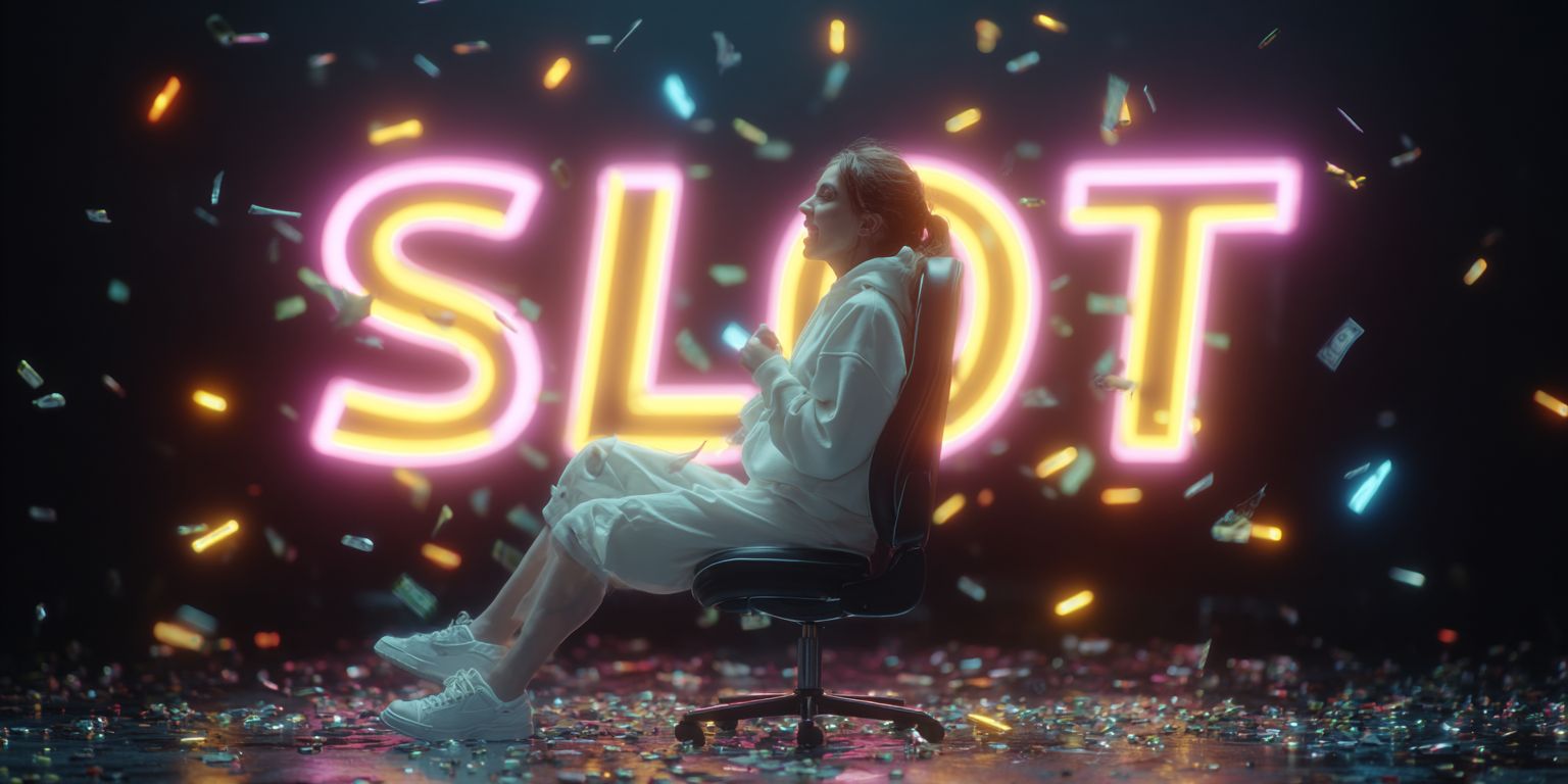 Excited woman sitting in front of neon SLOT sign with money and confetti flying around